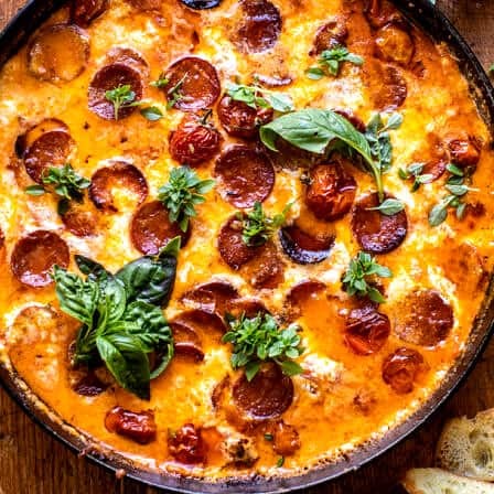 Tomato Burrata Pepperoni Pizza Dip | halfbakedharvest.com
