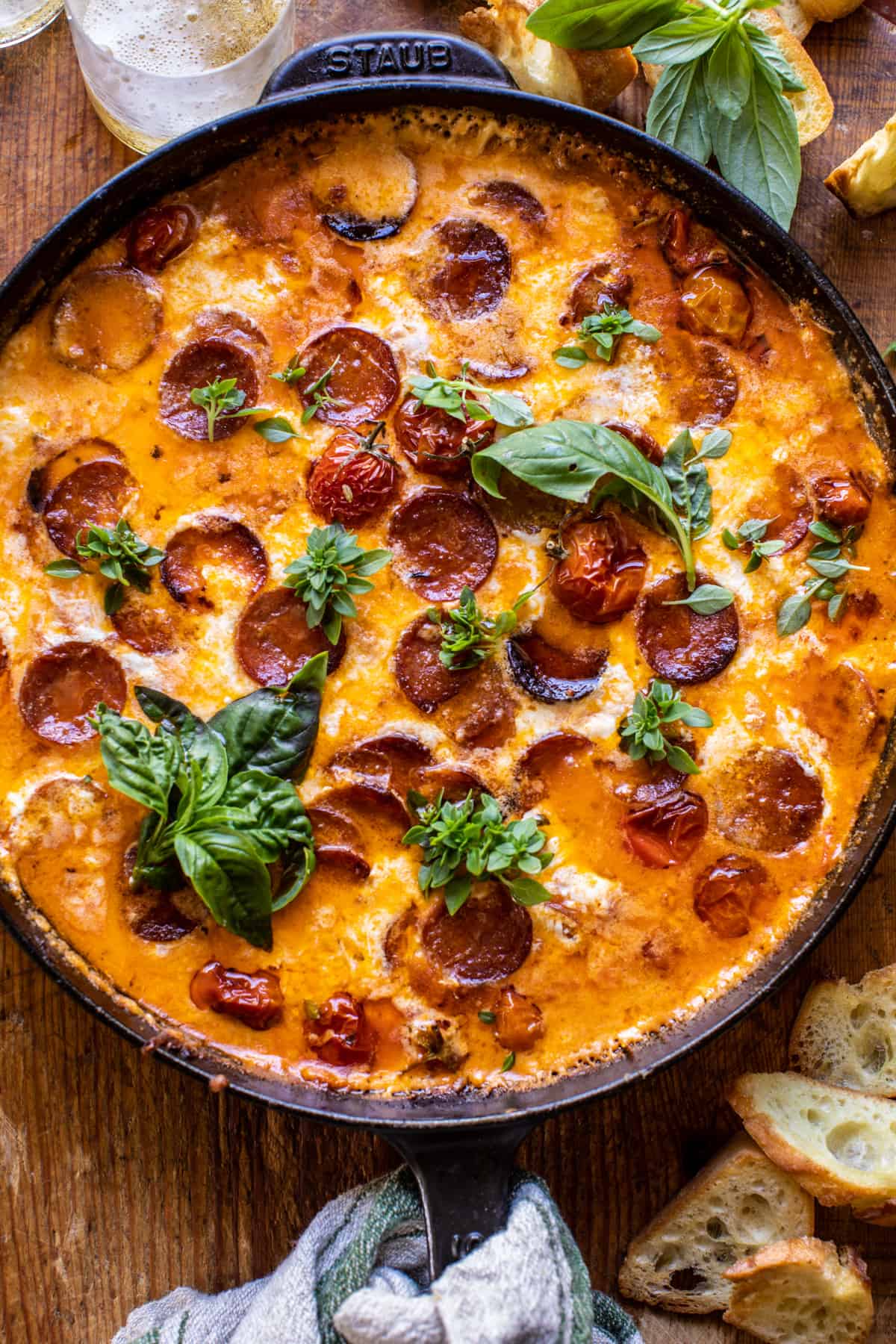 Tomato Burrata Pepperoni Pizza Dip.
