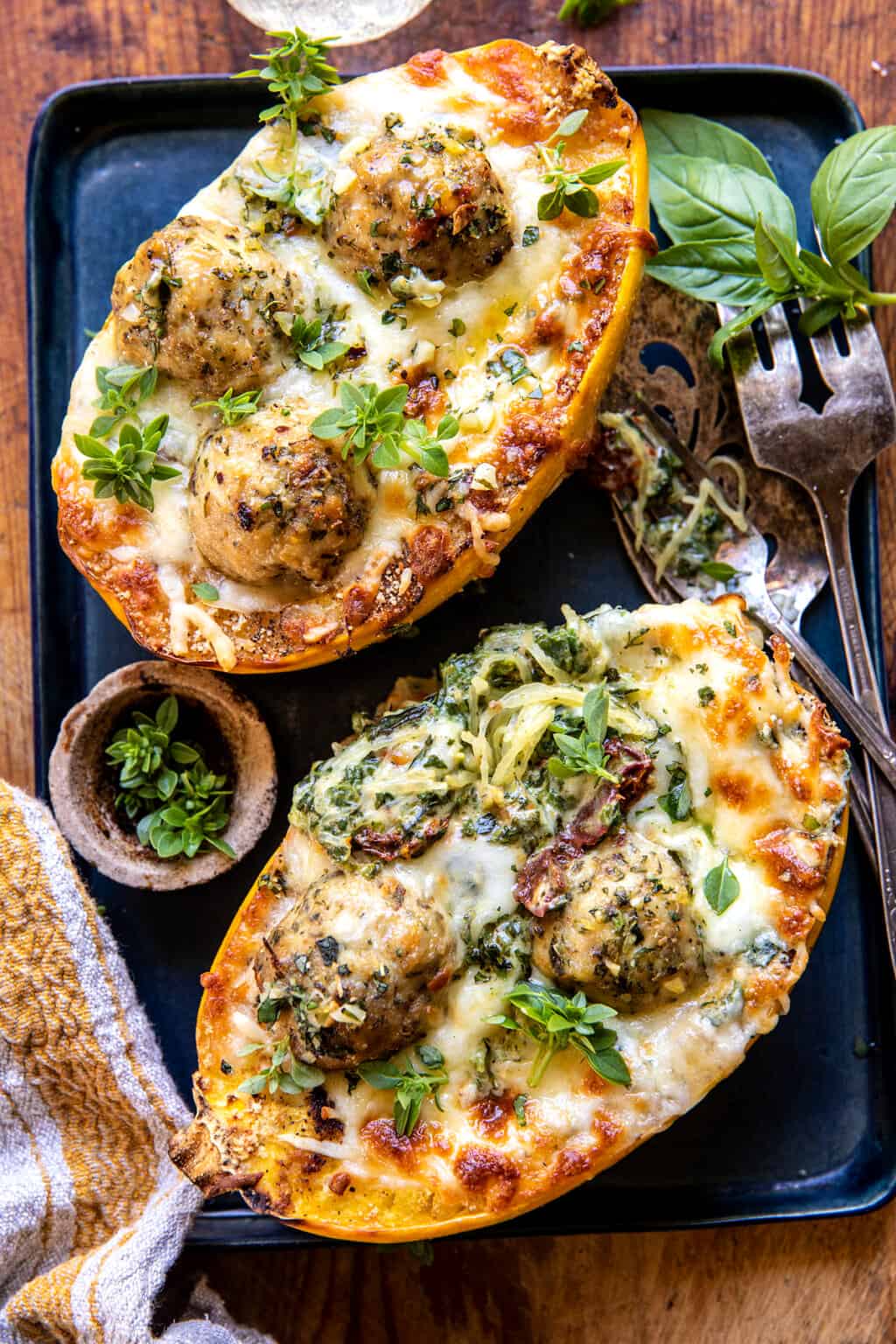 Garlic Butter Chicken Meatball Stuffed Spaghetti Squash. Half Baked