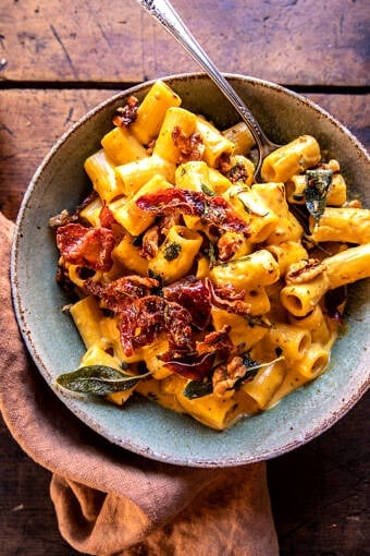 Quick Pumpkin Rigatoni with Candied Prosciutto and Walnuts | halfbakedharvest.com