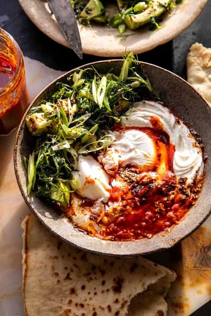 Harissa Eggs in Whipped Goat Cheese.