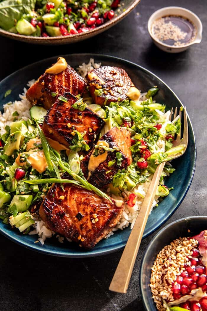 Spicy Ginger Caramelized Salmon Bowl.
