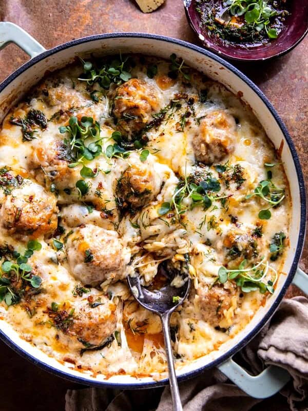 Baked Lemon Rosemary Chicken Meatballs and Creamy Orzo | halfbakedharvest.com