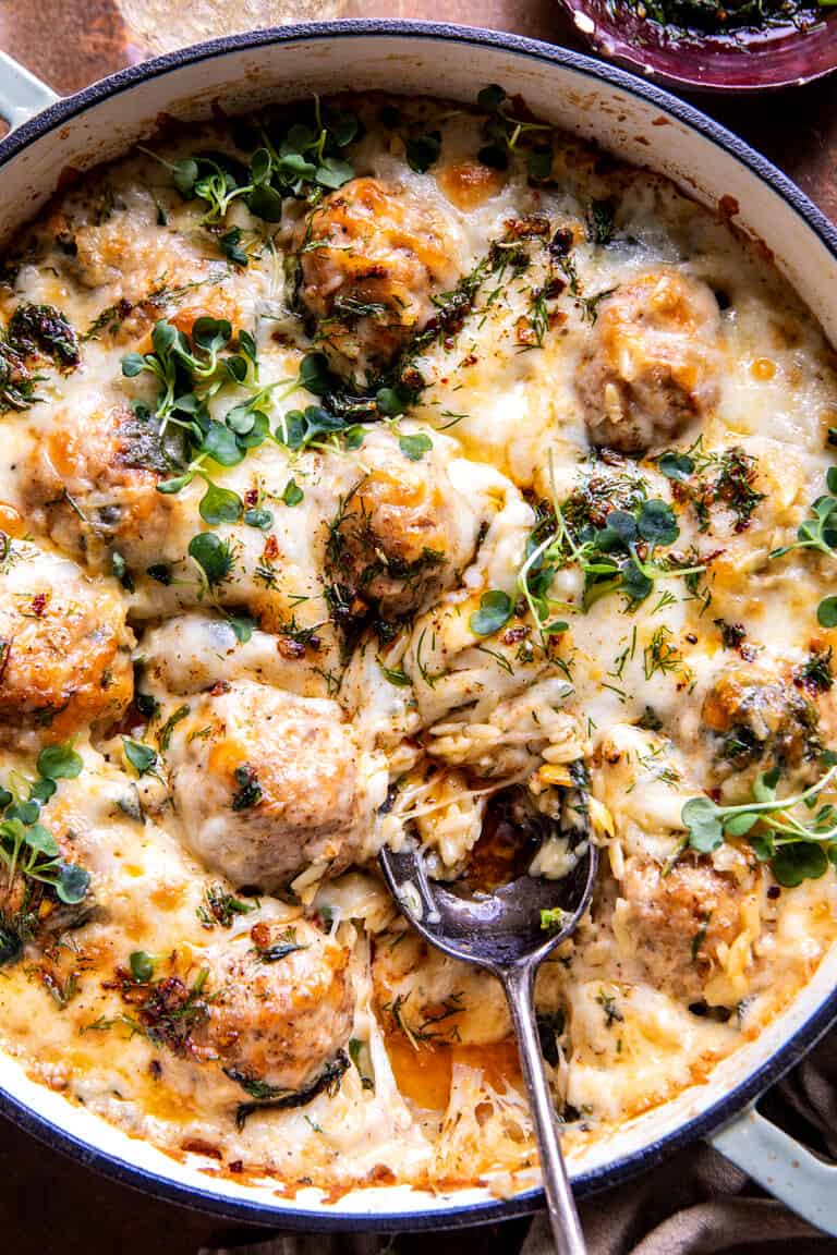 Baked Lemon Rosemary Chicken Meatballs and Creamy Orzo. Half Baked
