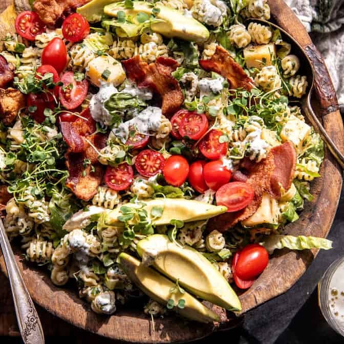 Creamy Avocado Ranch Chicken Pasta Salad | halfbakedharvest.com