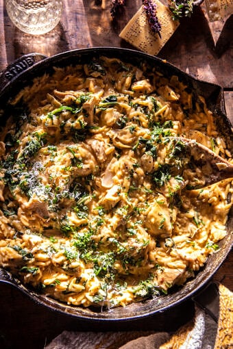25 Minute Spinach and Artichoke Chicken Orzo | halfbakedharvest.com