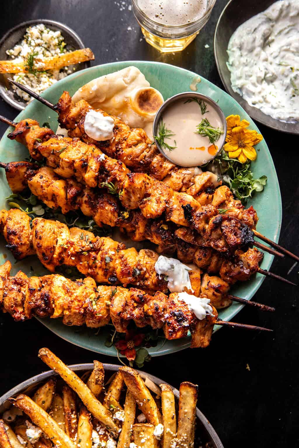 Chicken Tzatziki Skewers with Feta Fries. Half Baked Harvest