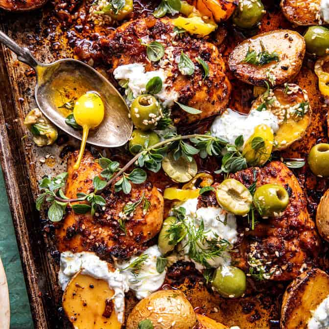 Sheet Pan Lemon Balsamic Chicken and Potatoes | halfbakedharvest.com