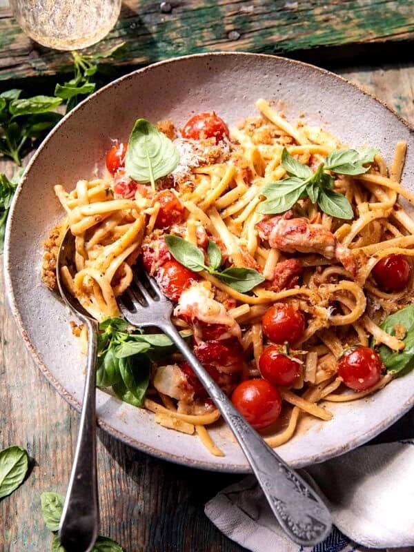 Creamy Tomato Lobster Linguine with Garlic Breadcrumbs | halfbakedharvest.com