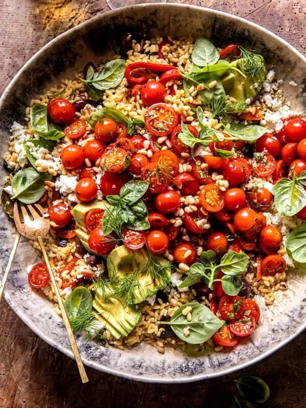 Greek Roasted Red Pepper Tomato Feta Orzo | halfbakedharvest.com
