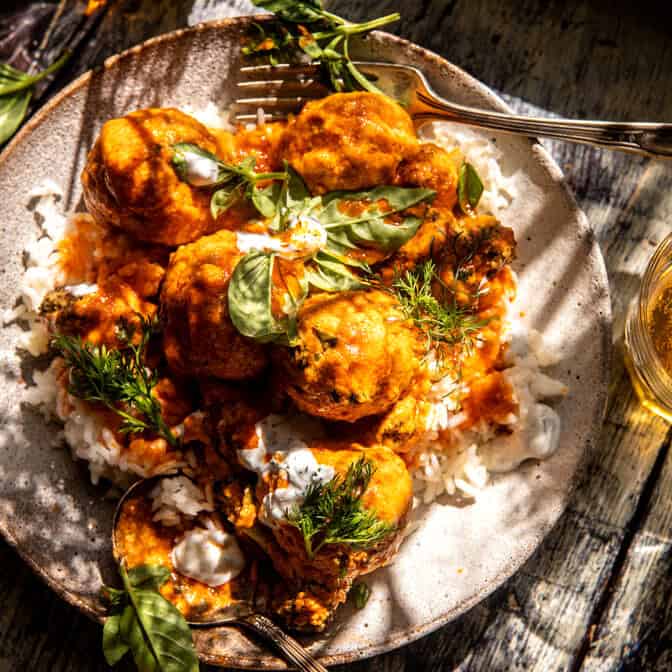 Crockpot Creamy Buffalo Chicken Meatballs | halfbakedharvest.com