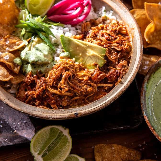 Crockpot Salsa Verde Chicken Tortilla Bowl | halfbakedharvest.com