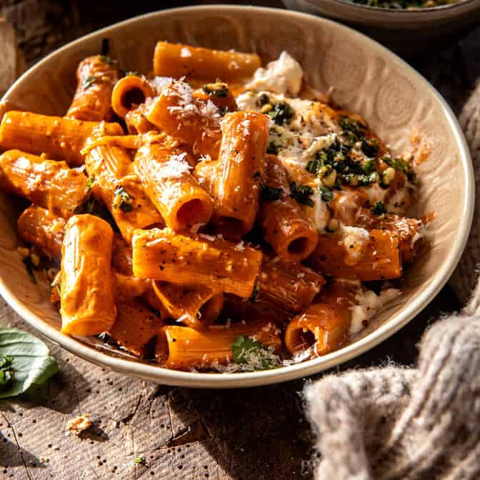 Garlic Butter Pasta alla Vodka with Melty Burrata | halfbakedharvest.com