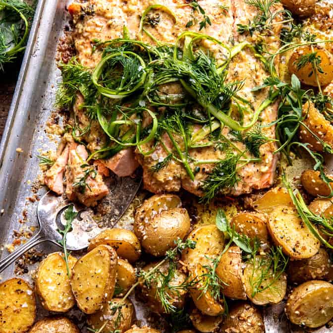 Sheet Pan Dijon Salmon and Panko Potatoes | halfbakedharvest.com