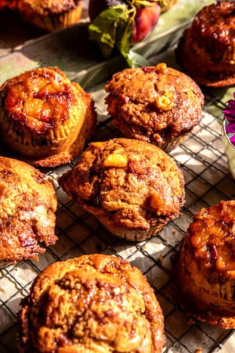 Jumbo Caramel Peach Cobbler Muffins | halfbakedharvest.com
