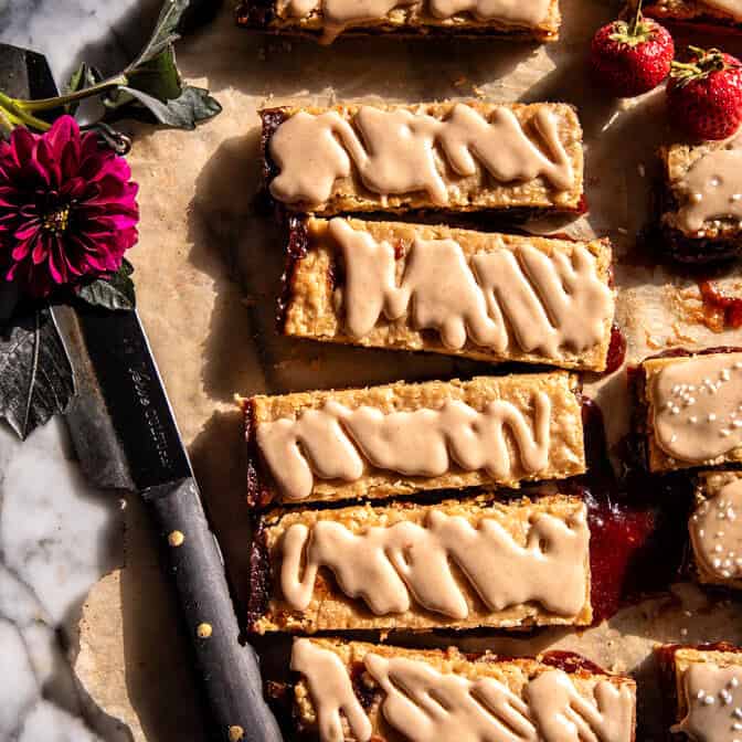 Frosted Soft Brown Sugar Strawberry Bars | halfbakedharvest.com