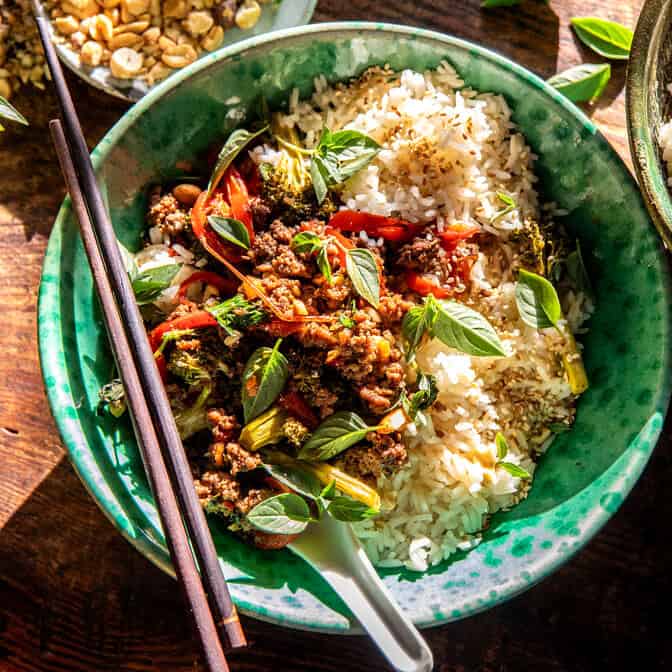 Crockpot Thai Basil Beef Sesame Rice Bowls | halfbakedharvest.com