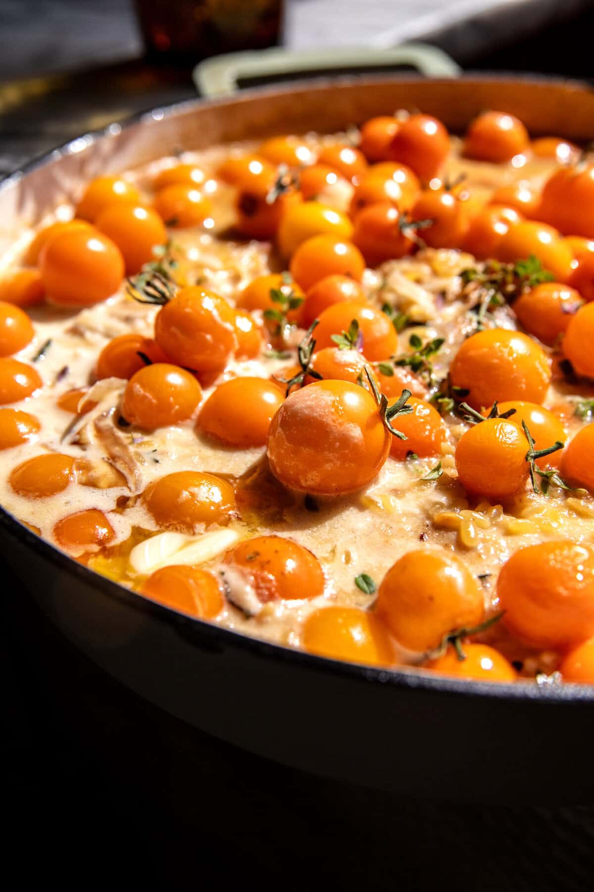 One Skillet Sun Gold Tomato Chicken and Orzo | halfbakedharvest.com