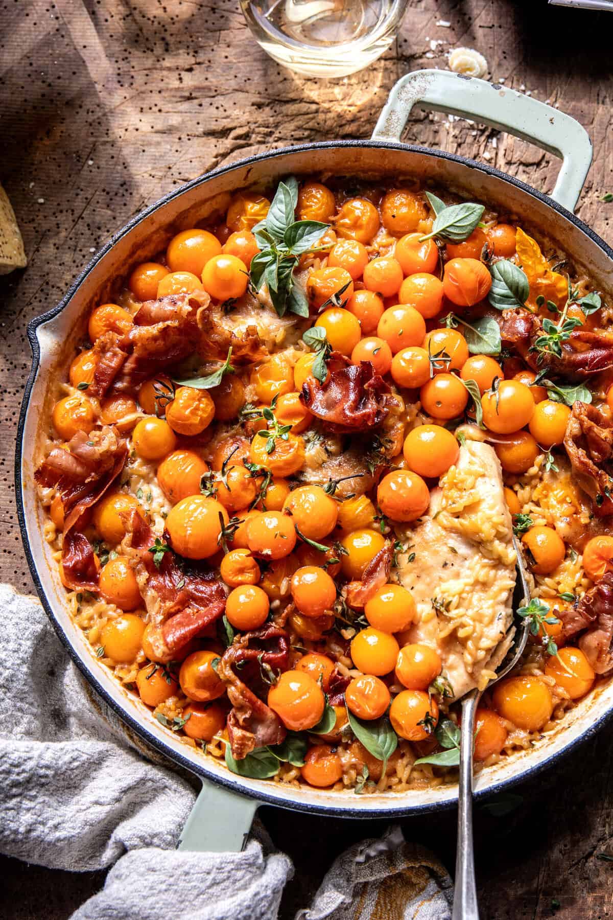 One Skillet Sun Gold Tomato Chicken and Orzo | halfbakedharvest.com