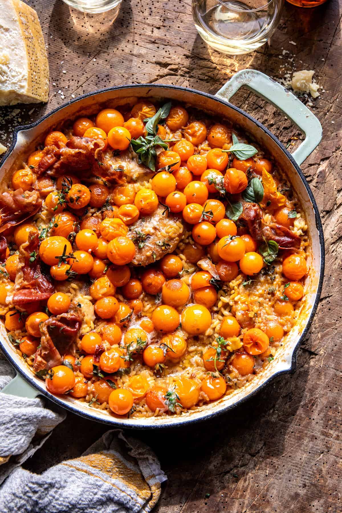 One Skillet Sun Gold Tomato Chicken and Orzo | halfbakedharvest.com