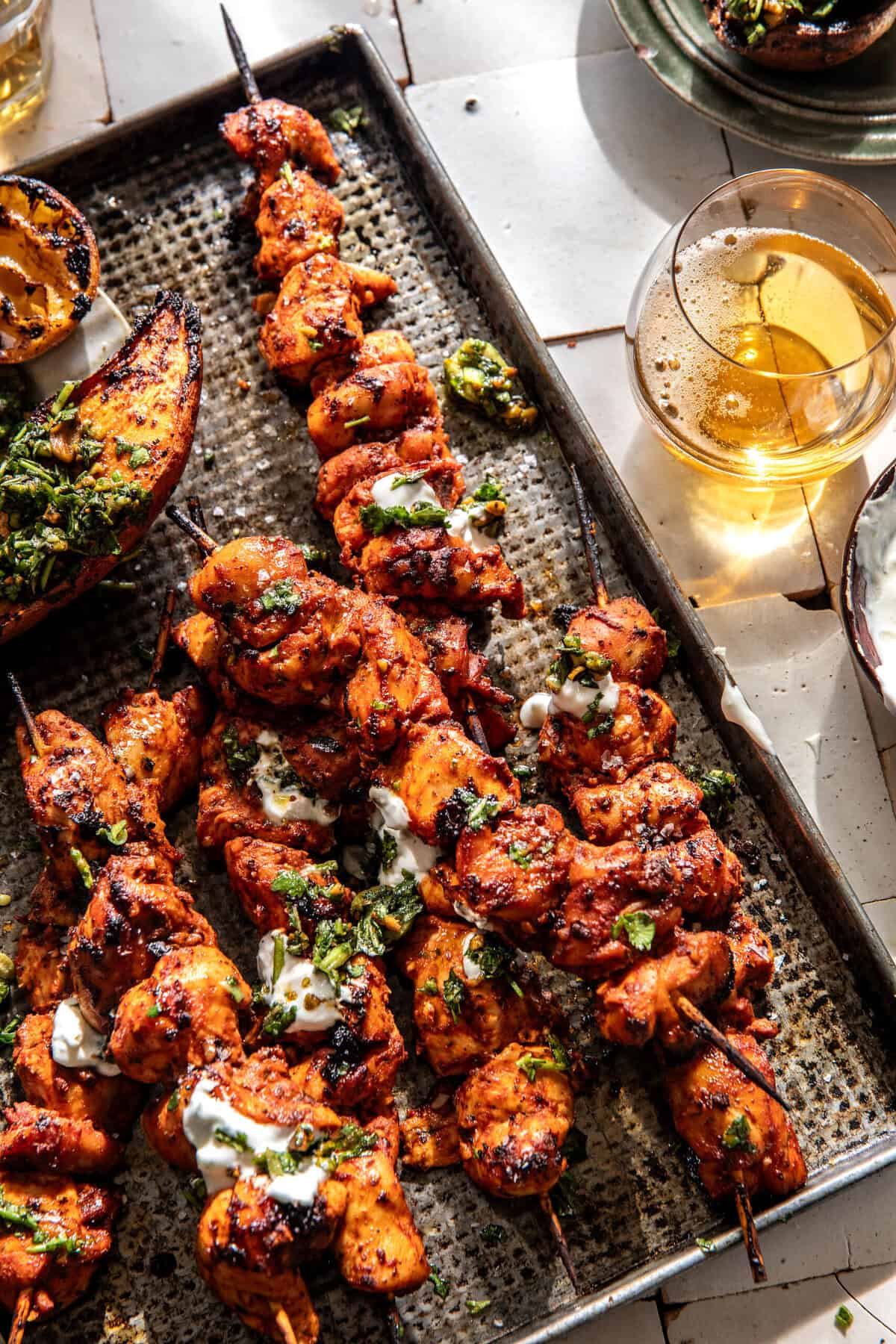 Sheet Pan Lemon Garlic Chicken with Sweet Potatoes and Feta Yogurt Sauce