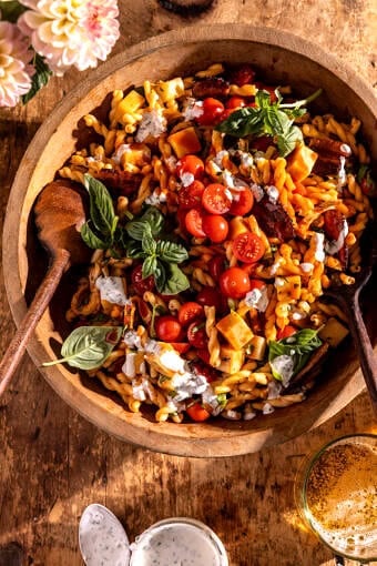 BLT Buffalo Chicken Pasta Salad | halfbakedharvest.com