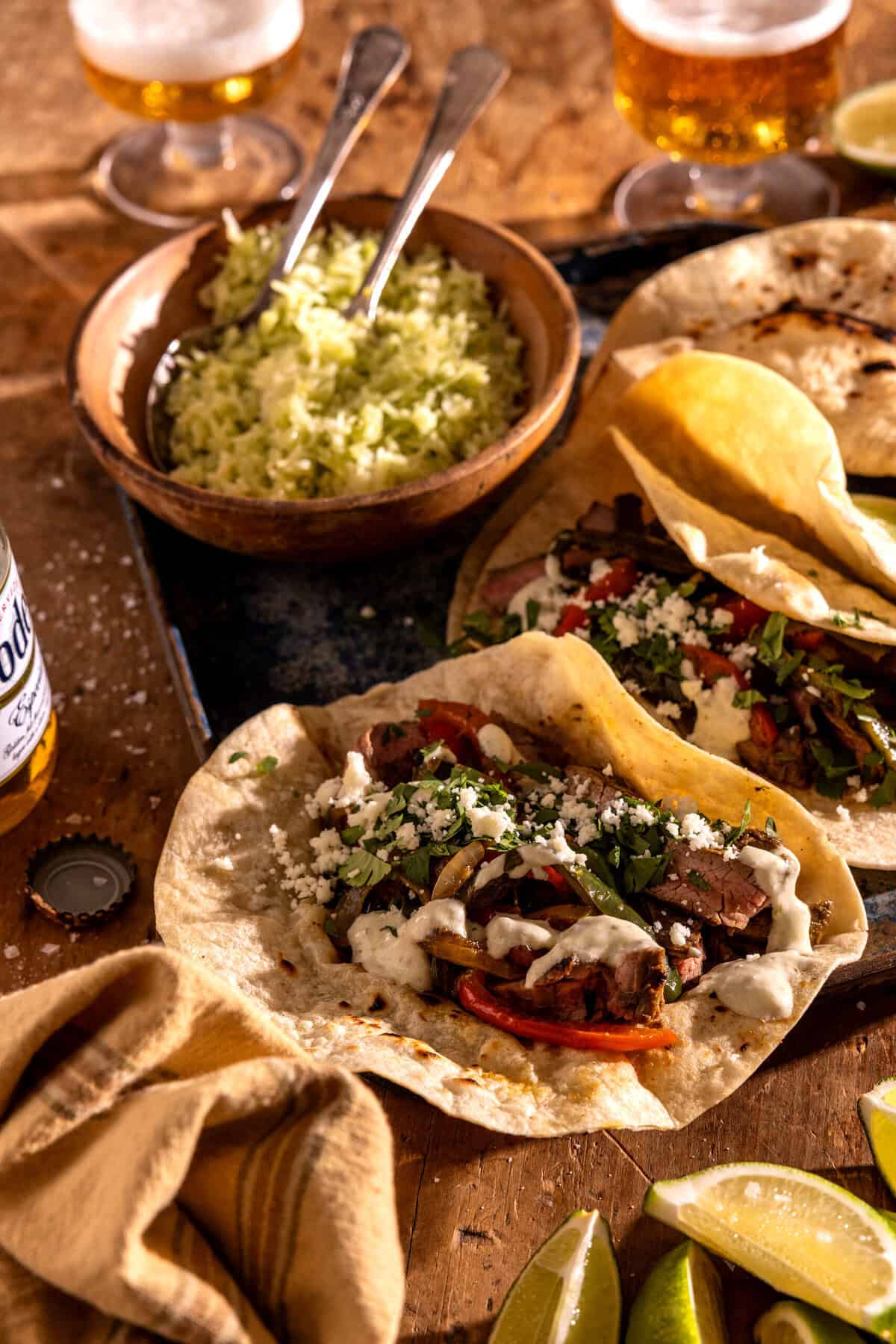 Fiesta Steak Fajitas with Creamy Jalapeno Verde Sauce | halfbakedharvest.com