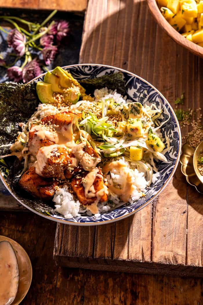 Bang Bang Salmon Bowls with Pineapple Slaw | halfbakedharvest.com
