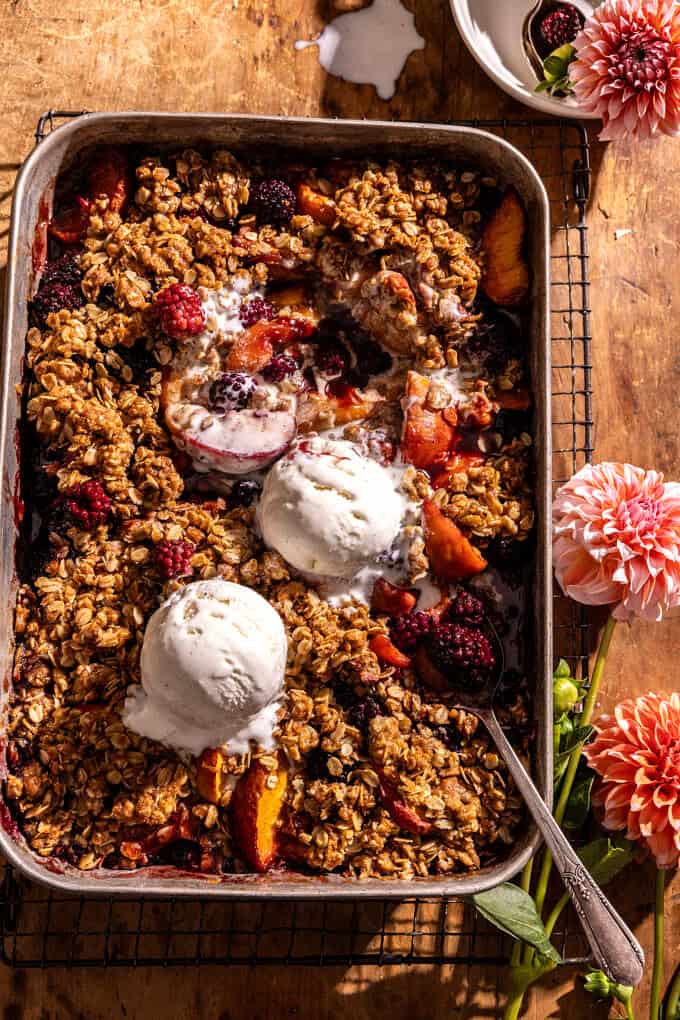 Brown Sugar Caramel Blackberry Peach Crisp with Double the Crumble | halfbakedharvest.com