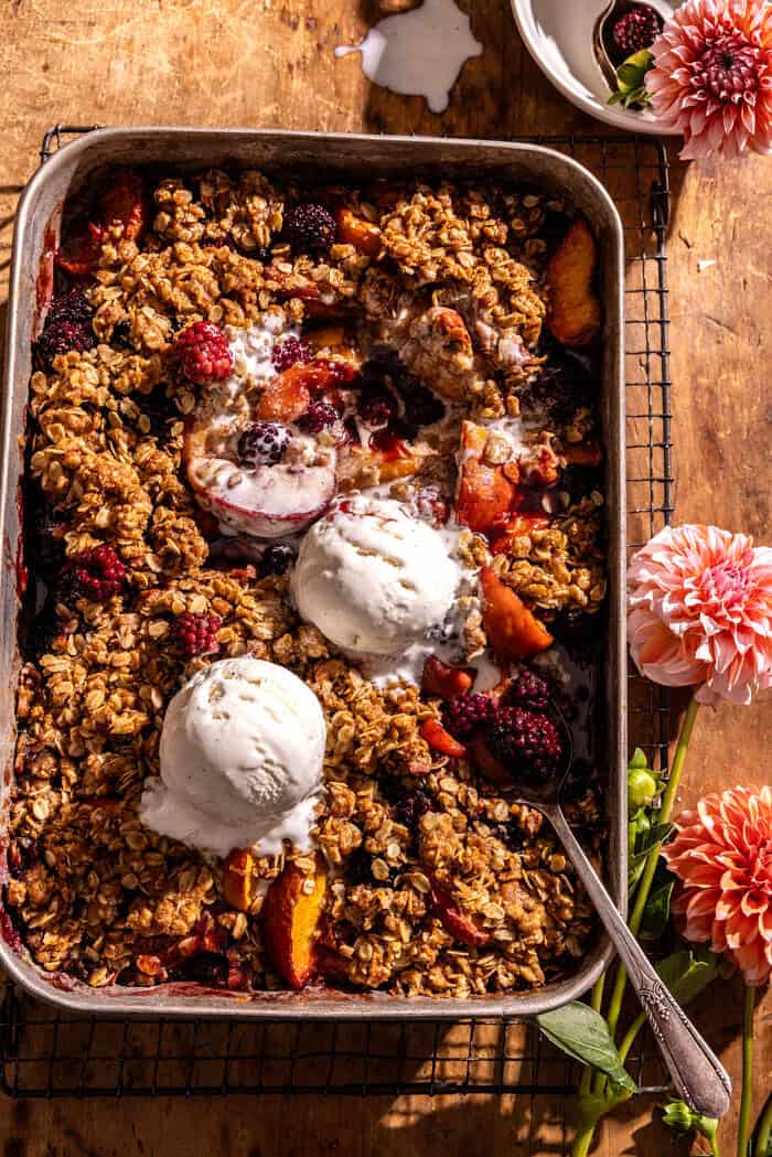 Brown Sugar Caramel Blackberry Peach Crisp with Double the Crumble | halfbakedharvest.com