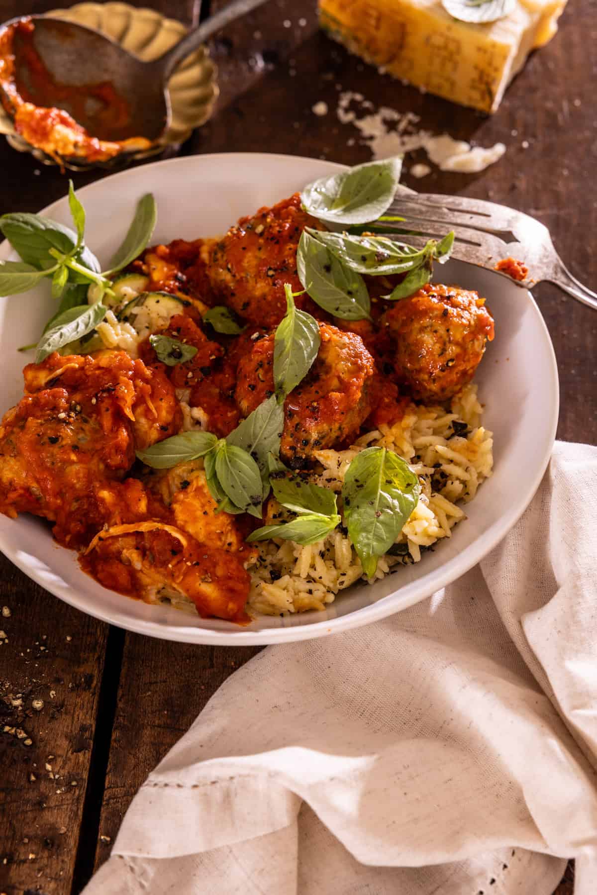 Slow Cooker Chicken Meatballs with Creamy Zucchini Orzo