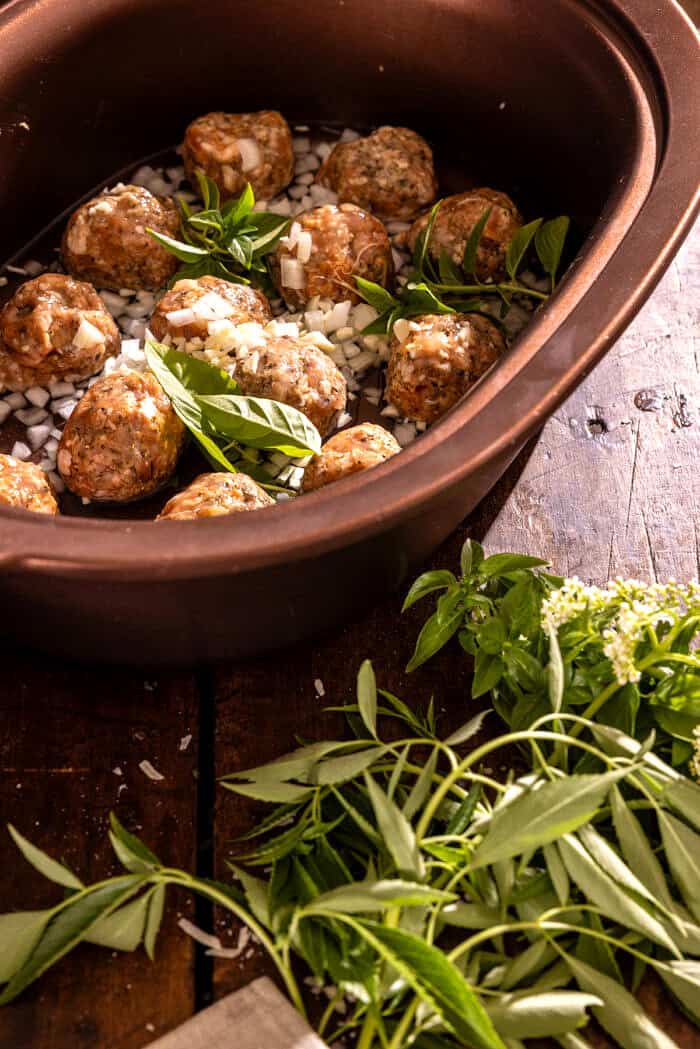 Crockpot Chicken Meatballs with Creamy Zucchini Orzo | halfbakedharvest.com