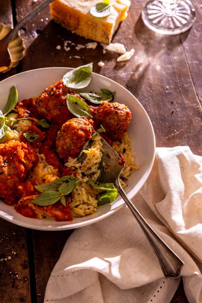 Crockpot Chicken Meatballs with Creamy Zucchini Orzo | halfbakedharvest.com
