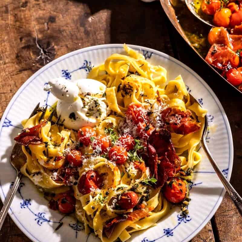 Garlic Herb Roasted Cherry Tomato Carbonara | halfbakedharvest.com