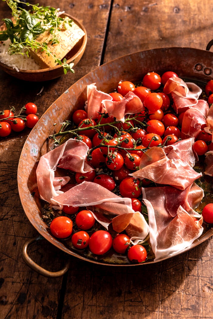 Garlic Herb Roasted Cherry Tomato Carbonara | halfbakedharvest.com