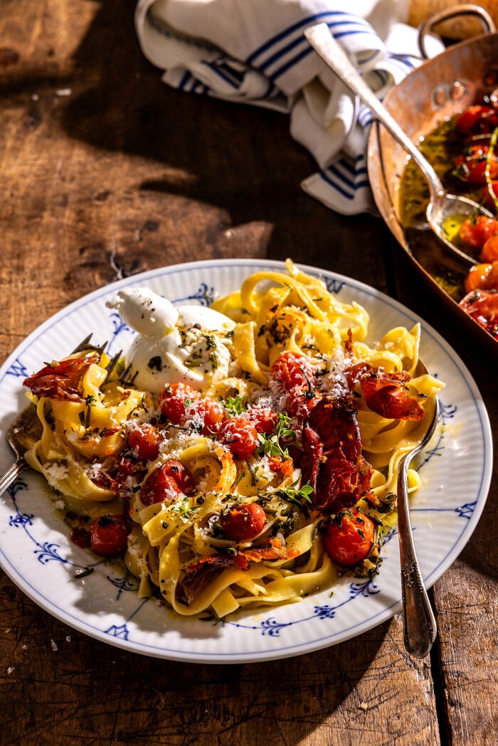 Garlic Herb Roasted Cherry Tomato Carbonara | halfbakedharvest.com