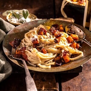 Roasted Butternut Squash Alfredo with Candied Bacon | halfbakedharvest.com