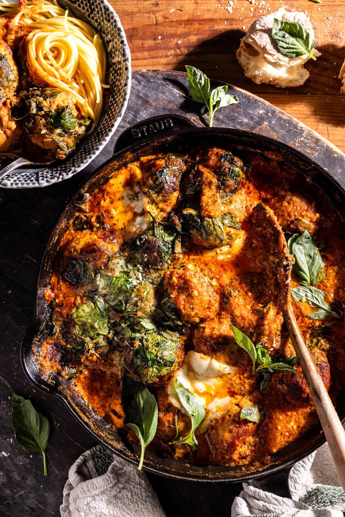 Baked Garlic Butter Spinach Chicken Parmesan Meatballs | halfbakedharvest.com