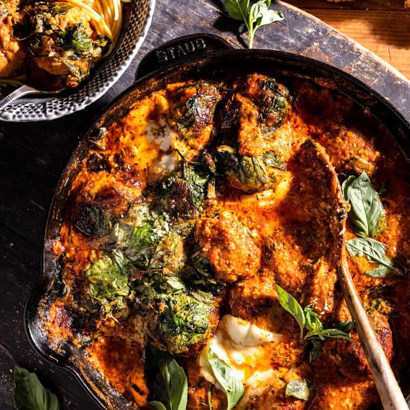 Baked Garlic Butter Spinach Chicken Parmesan Meatballs | halfbakedharvest.com